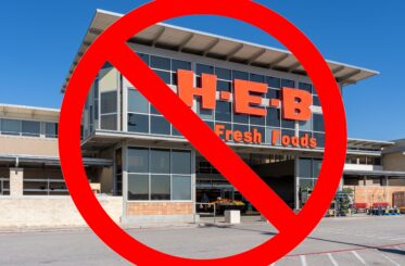 H-E-B grocery store with a big red "cancel" symbol over it