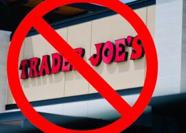 Trader Joe's sign with a big red "cancel" symbol over it