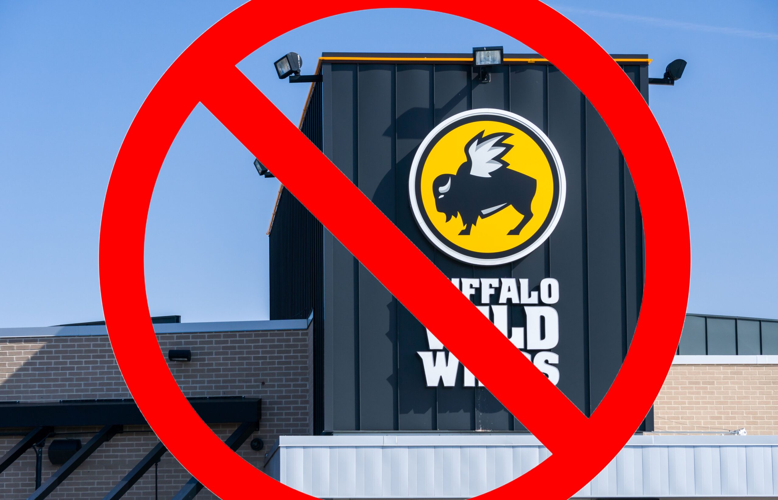 Buffalo Wild Wings with a big red "cancel" symbol over it