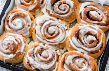 Cinnamon buns in close up.