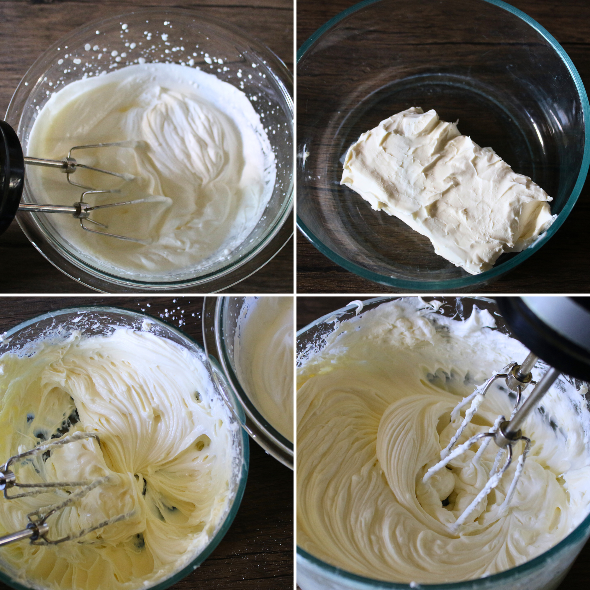 A large class bowl filled with cream and cream cheese, whipped into fluff.