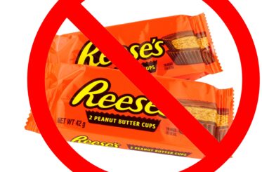 Two Reese's packages with a big red "cancel" symbol over them