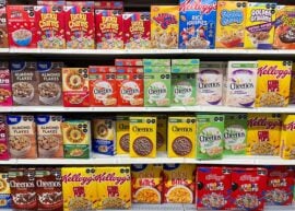 Cereal boxes on shelves