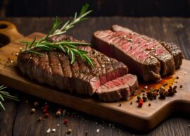 Steak on a cutting board with garnish