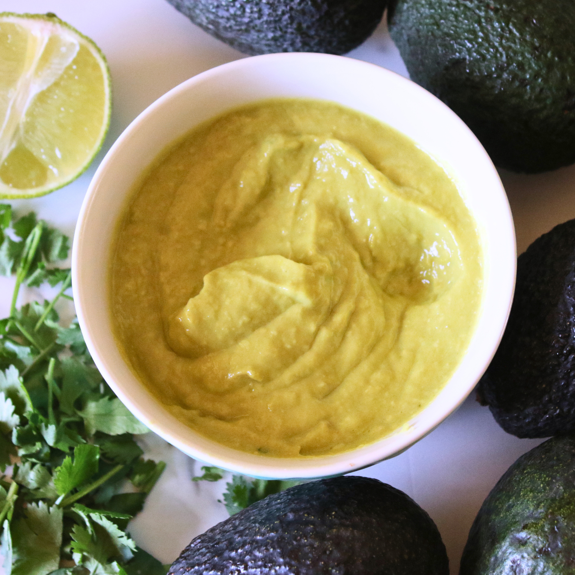 A bowl of avocado crema topped with cilantro.