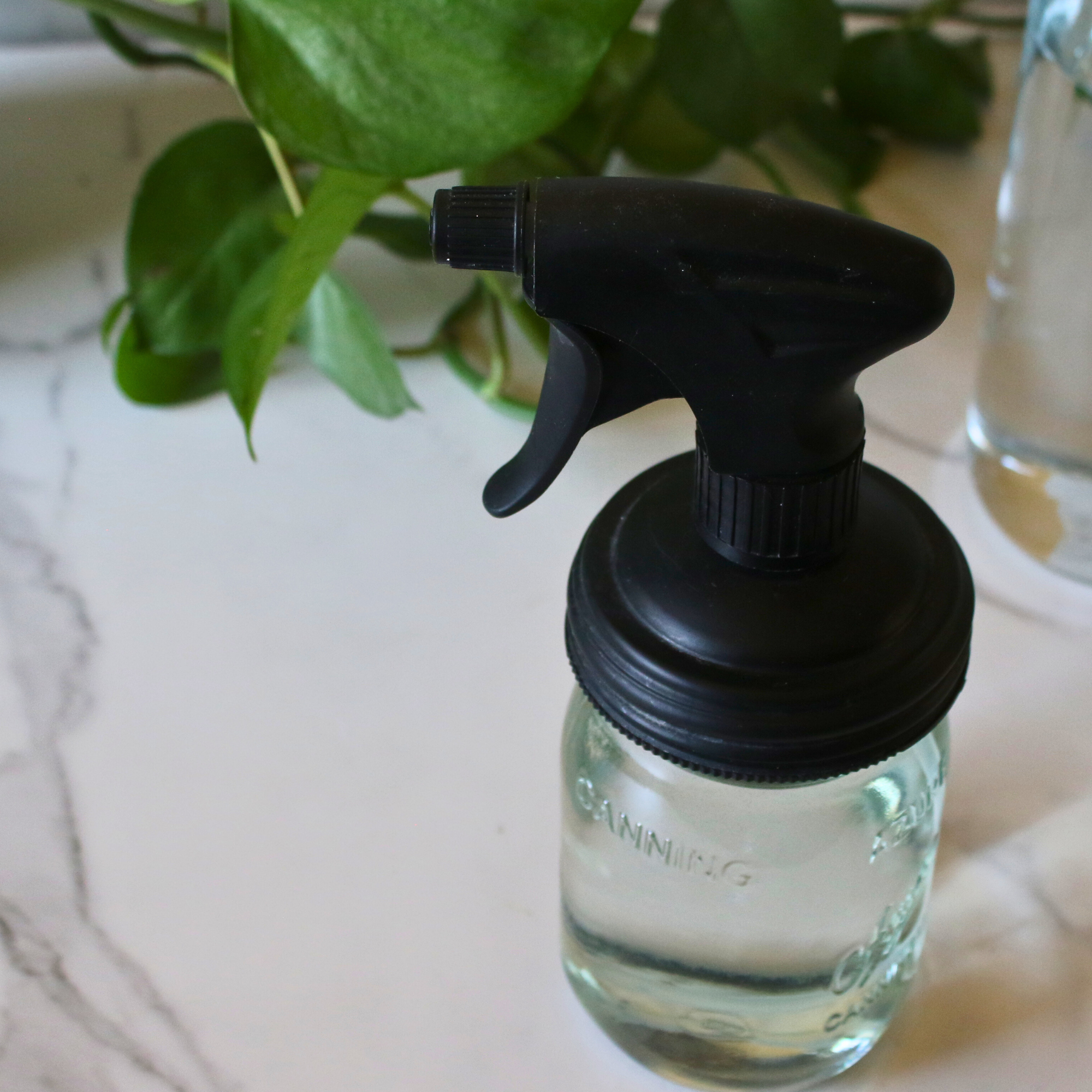 A glass jar filled with window cleaner with a spray nozzle.