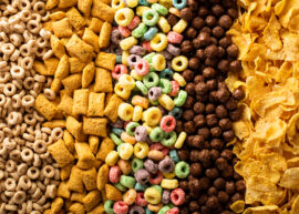 Rows of different types of cold cereal