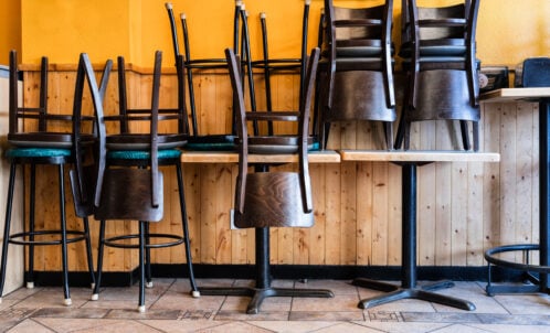 Chairs upside down on table in closed restaurant