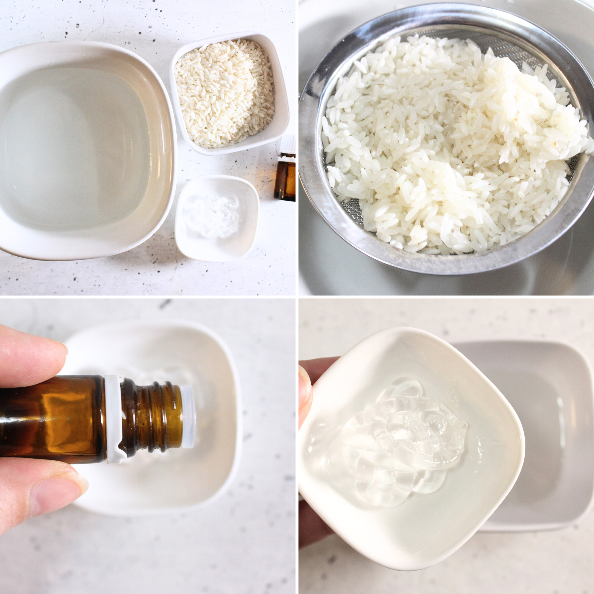 Making a hair mask with rice water, aloe vera, and essential oils.
