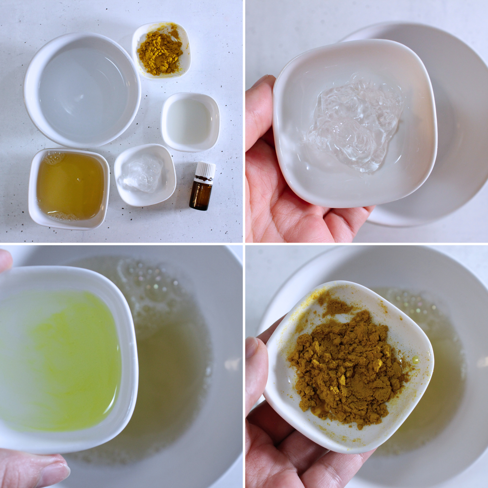 Mixing aloe vera, turmeric, castile soap, and essential oils together to make a face wash.