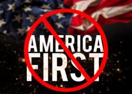 America first catcheword with american flag and "no" sign.