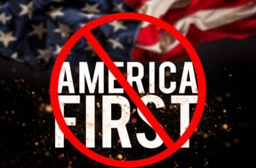America first catcheword with american flag and "no" sign.