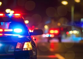 Police car lights illuminated at night