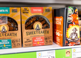 Supermarket grocery store shelf with price for vegan plant based veggie burger Sweet Earth brand in City Market Kroger