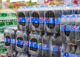 Packaging of plastic Pepsi Co bottles in film on pallets for sale in retail and wholesale stores.