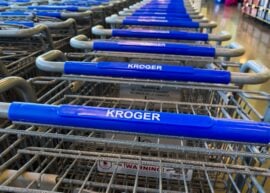 Kroger Marketplace grocery store shopping carts. Kroger is an American supermarket chain that was founded by Bernard Kroger in 1883.