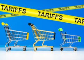 Tariffs for food products. Empty shopping carts from supermarket. Tariffs yellow tape. Concept of additional taxes on products. Tariffs rates for goods from supermarkets. Sanctions restrictions