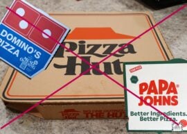 Domino's, Pizza Hut, and Papa John's boxes with a big red "X" over them.