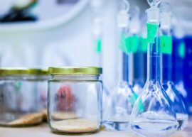 A close-up view of laboratory glassware and jars, used for scientific experiments.