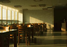 Sunlit empty restaurant interior with wooden chairs and tables in South Korea.