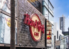 Exterior view of the iconic Hard Rock Cafe on Hollywood Boulevard, showcasing its vibrant signage.