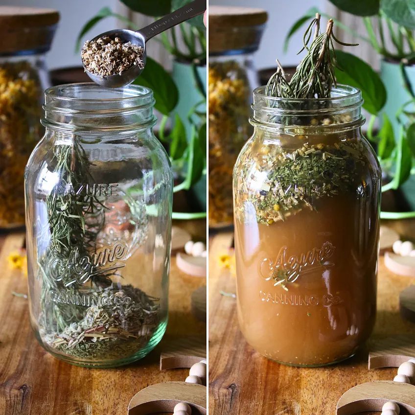 Homemade apple cider vinegar herbal hair rinse infused with rosemary, nettle, lavender, chamomile, and other dried herbs in a glass jar.