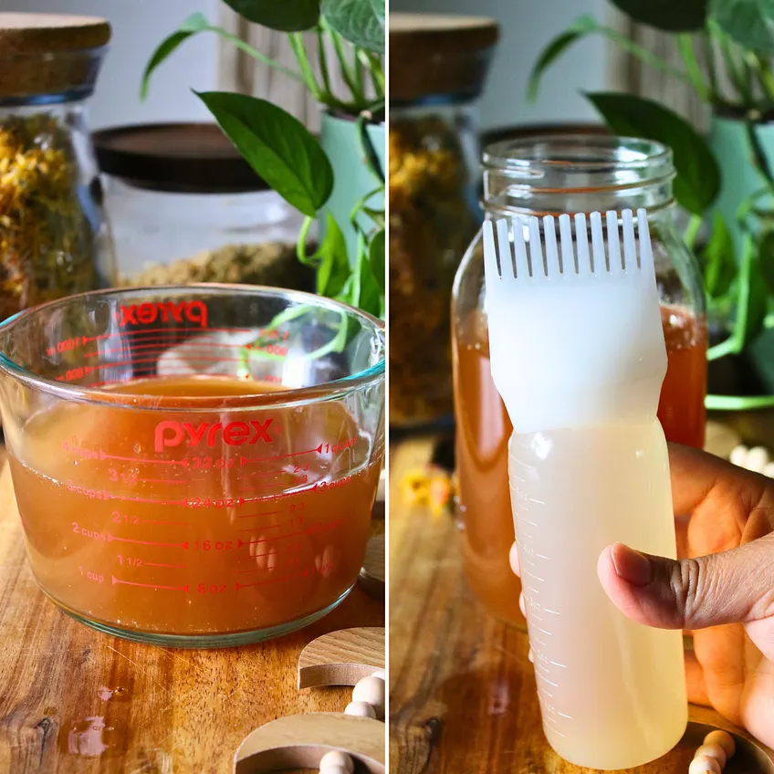 Homemade apple cider vinegar herbal hair rinse infused with rosemary, nettle, lavender, chamomile, and other dried herbs in a glass jar.